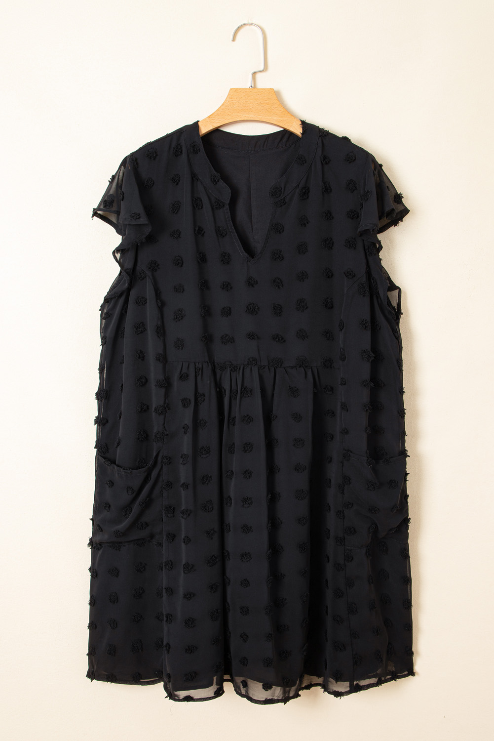 Black Dotty Textured Notched Neck Plus Ruffled Dress - Image 3