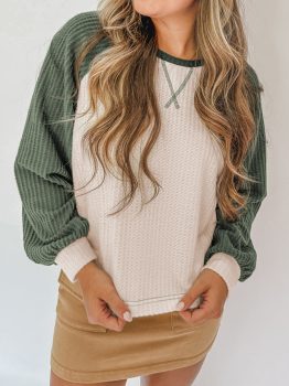 Mist Green Waffle Color Block Raglan Sleeve Top