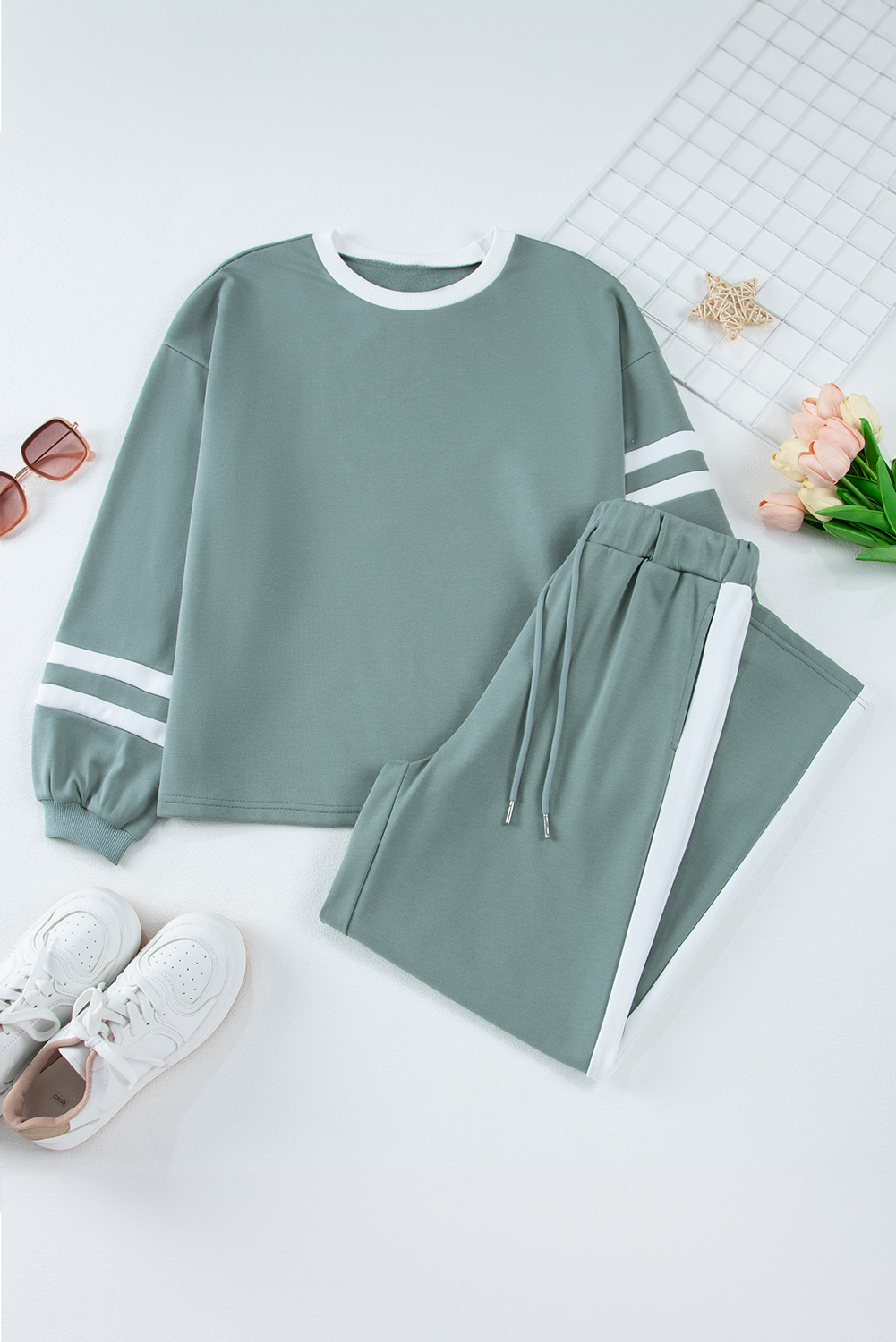 Blue Varsity Stripe Patchwork Puff Sleeve Pullover Drawstring Wide Leg Pant Set - Image 7