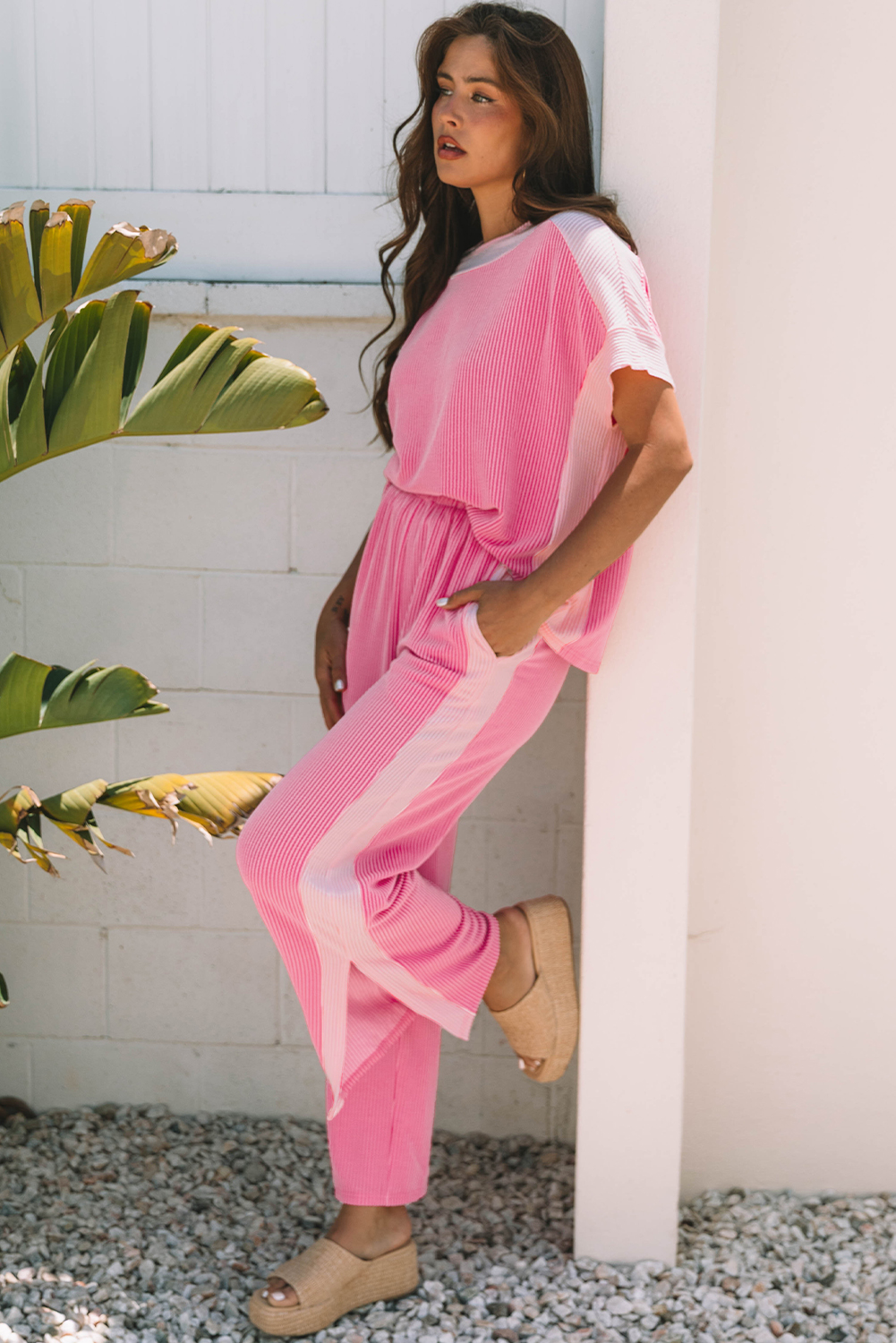 Sachet Pink 2-tone Colorblock Patchwork Corded 2pcs Outfit - Image 7