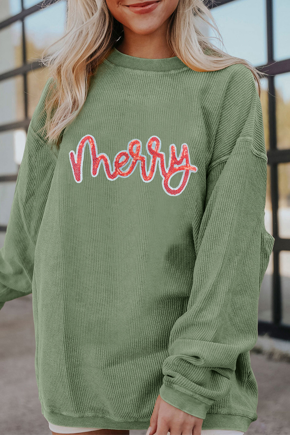 Grass Green Sequined merry Letter Graphic Twisted Ribbed Baggy Sweatshirt - Image 2