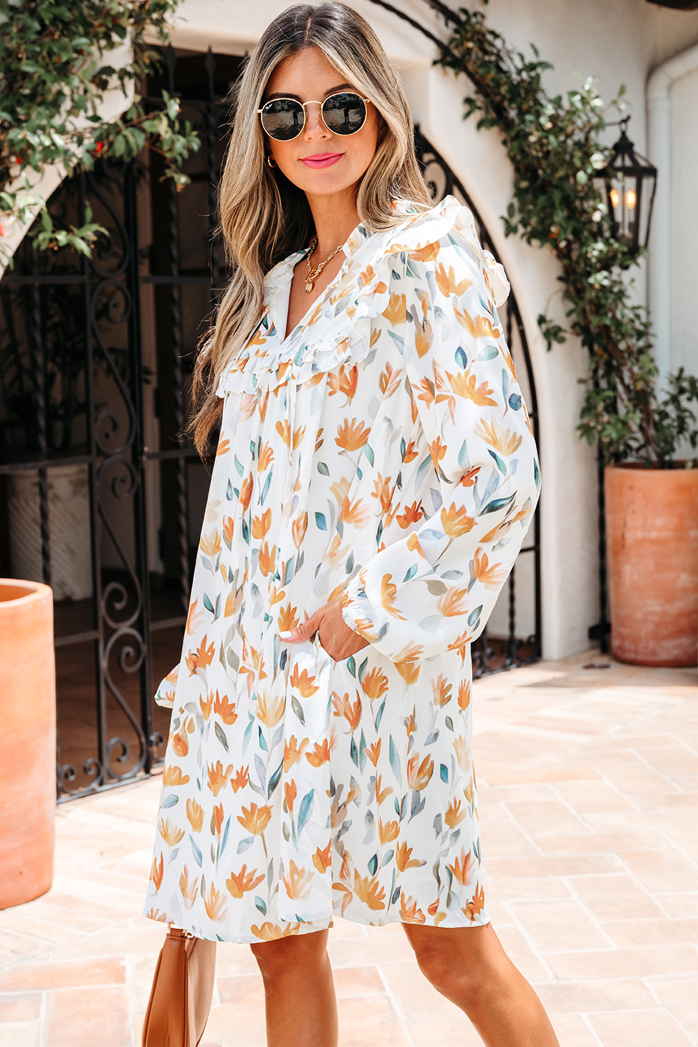 Yellow Floral Print Tie Neck Frilled Detail Long Sleeve Mini Dress - Image 6