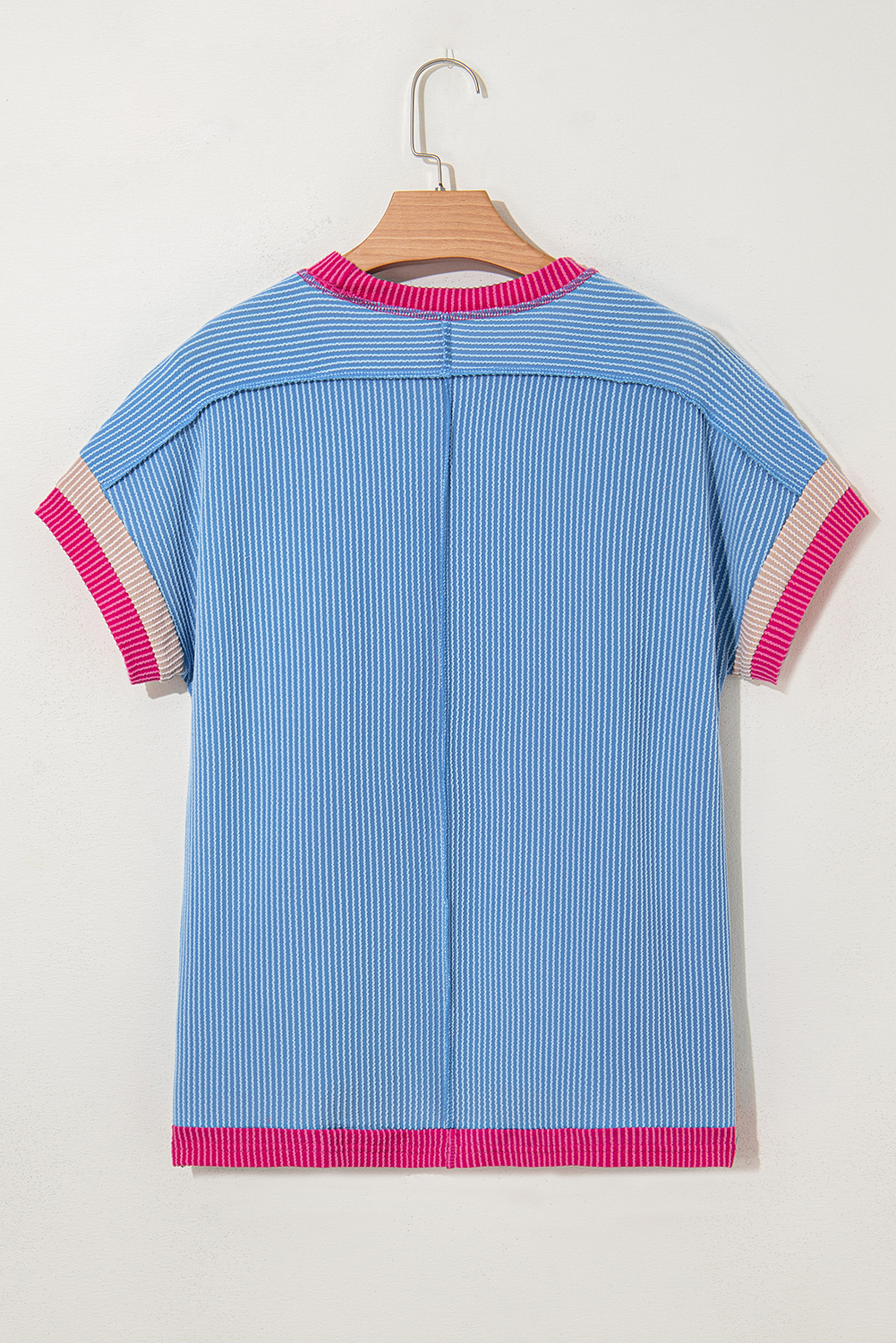 Sky Blue Textured Contrast Trim Round Neck T Shirt - Image 7