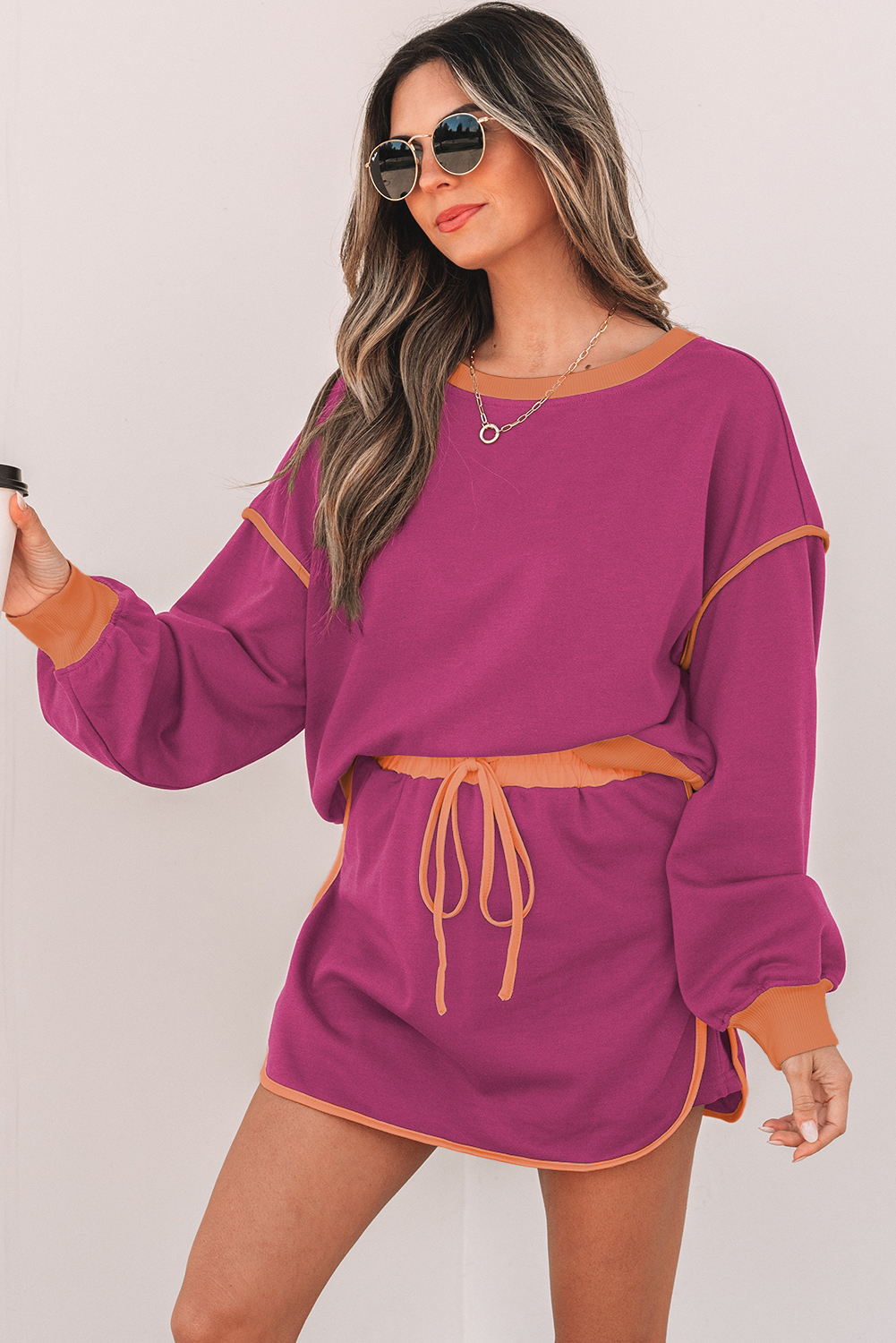 Rose Red Color Contrast Loose Pullover and Lace-up Waist Skort Set - Image 3