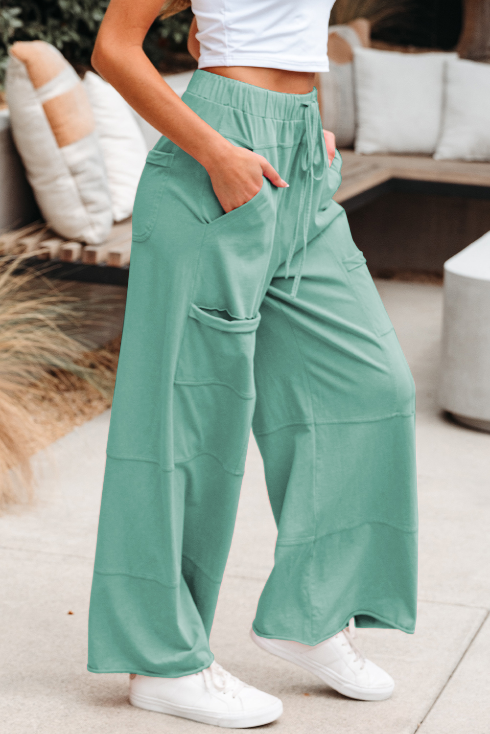 Mint Green Mineral Wash Exposed Seam Drawstring Elastic Waistband Wide Leg Cargo Pants - Image 4