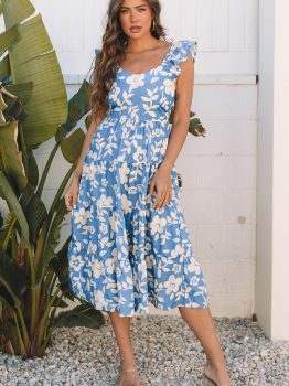 Sky Blue Floral U Neck Flutter Shoulder Tiered Flowy Midi Dress