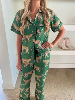 Green Cheetah Print Short Sleeve Shirt and Pants Pajama Set