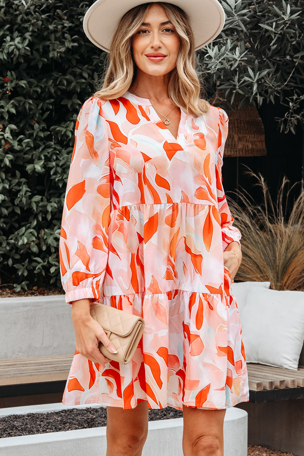 Orange Abstract Print Split Neck Long Sleeve Dress - Image 7