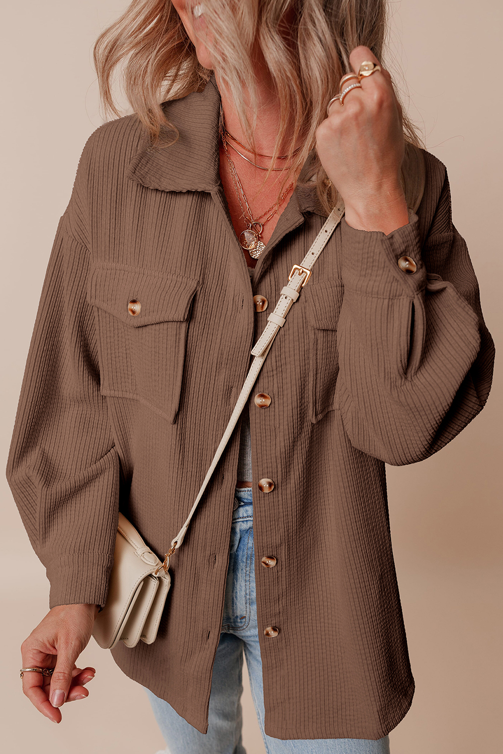 Chestnut Corduroy Flap Pocket Button Up Shacket - Image 4