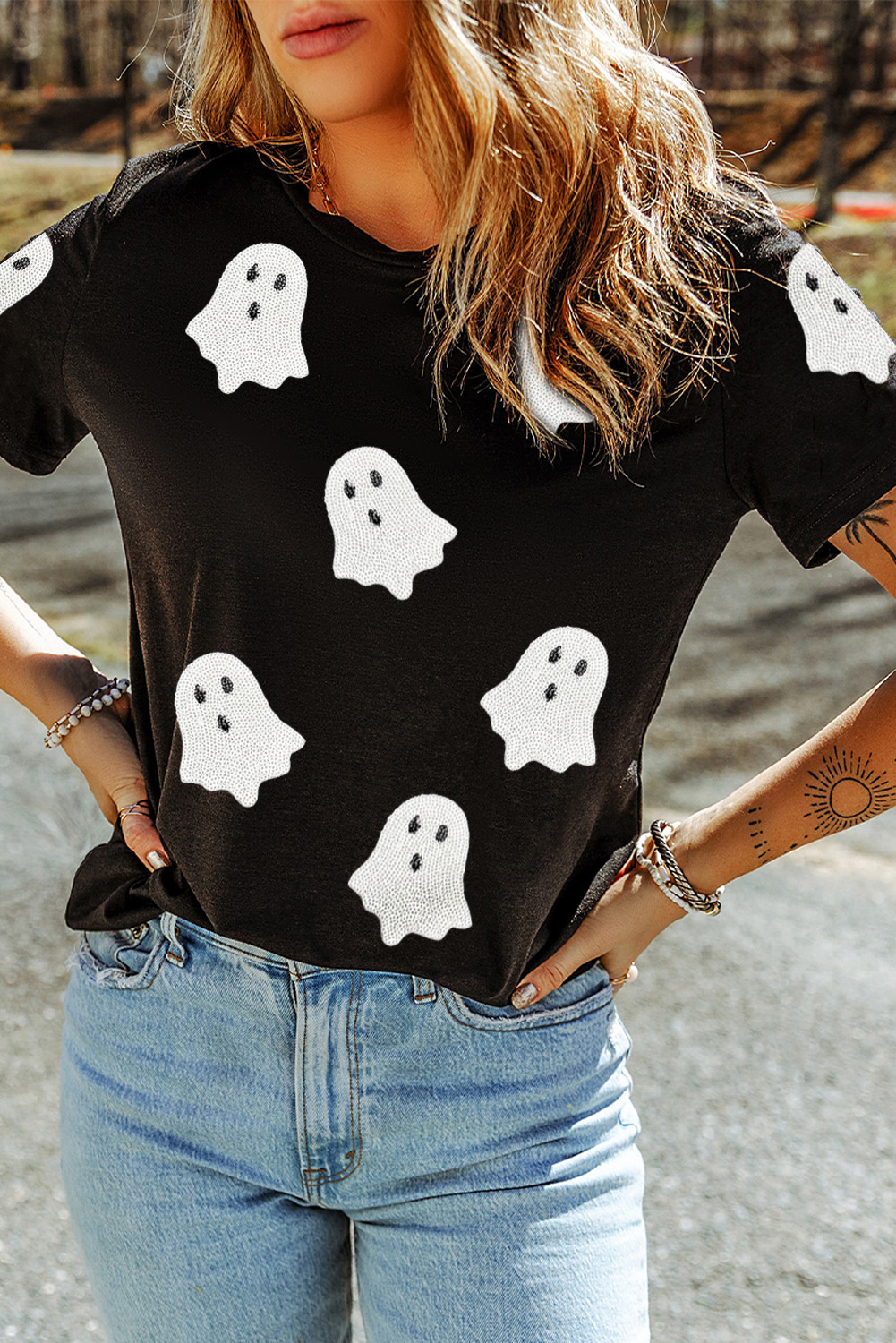 Black Sequin Halloween Ghost Patched Casual T Shirt - Image 5