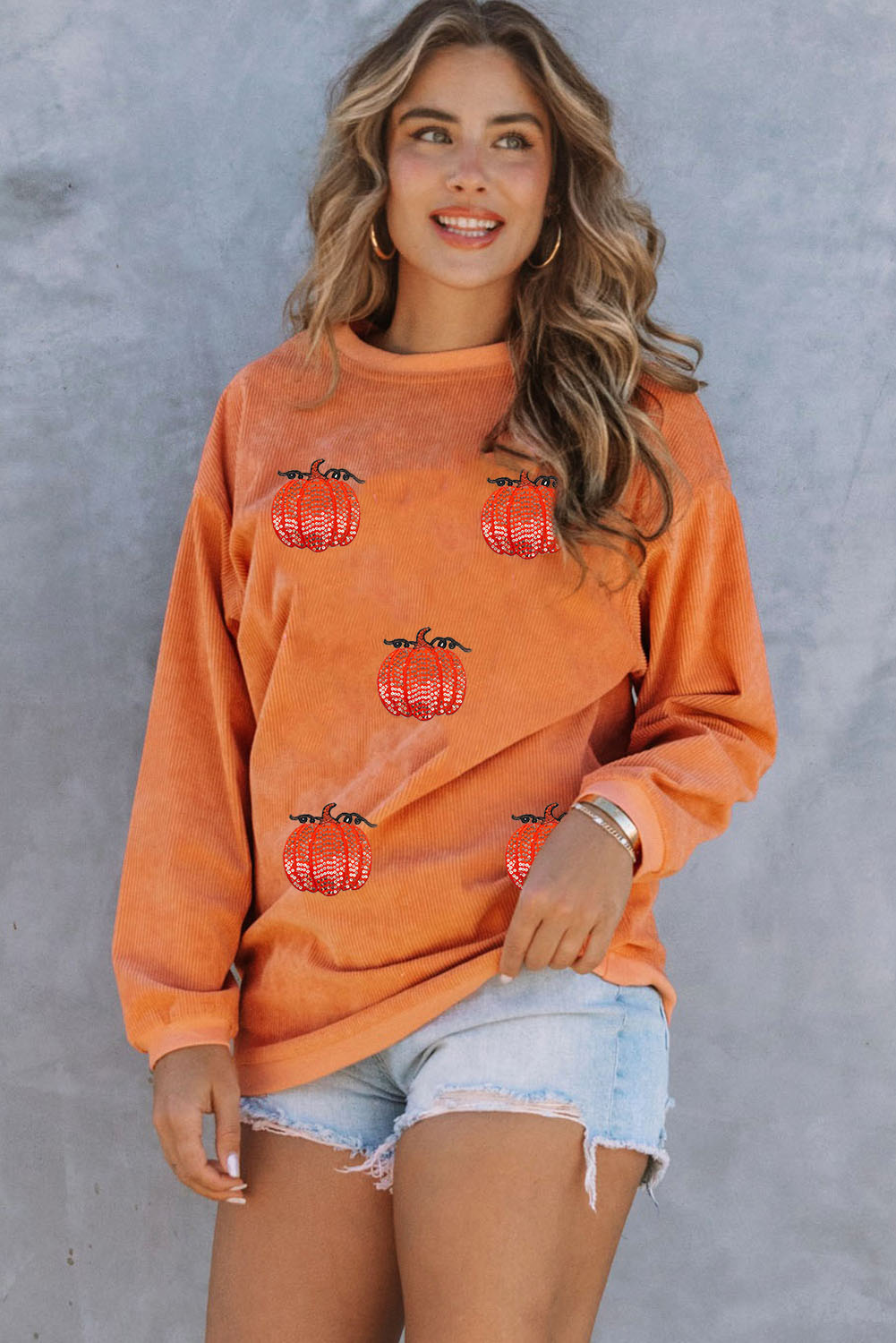Orange Sequin Pumpkin Patched Twisted Rib Baggy Sweatshirt - Image 6