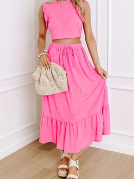 Bonbon Textured Ruffle Trim Crop Vest Lace-up Long Skirt Set