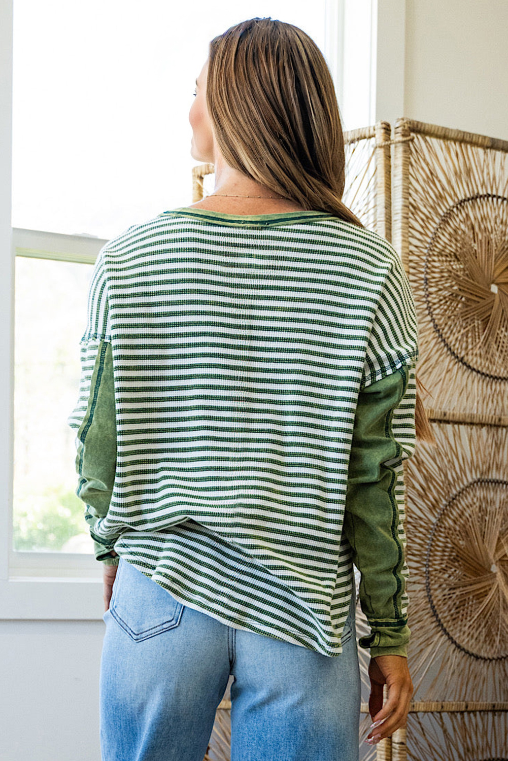 Green Stripe Thermal Knit Drop Shoulder Casual Top - Image 2