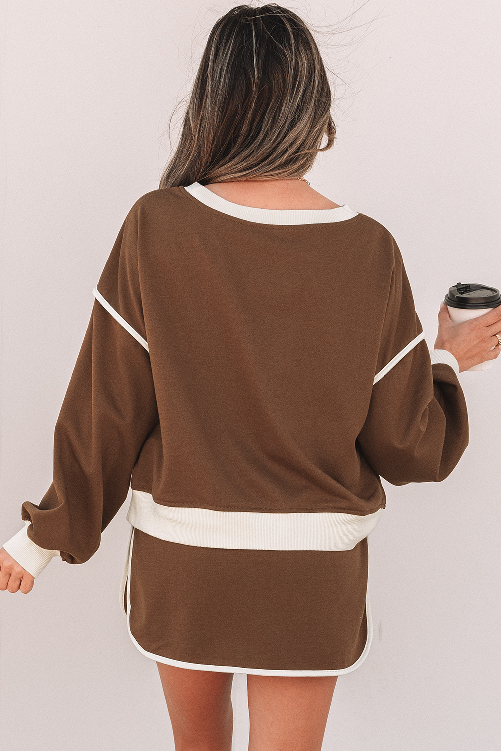 Coffee Color Contrast Loose Pullover and Lace-up Waist Skort Set - Image 2