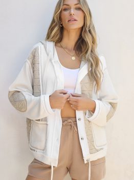 Beige Quilted Textured Patchwork Loose Fit Hooded Jacket