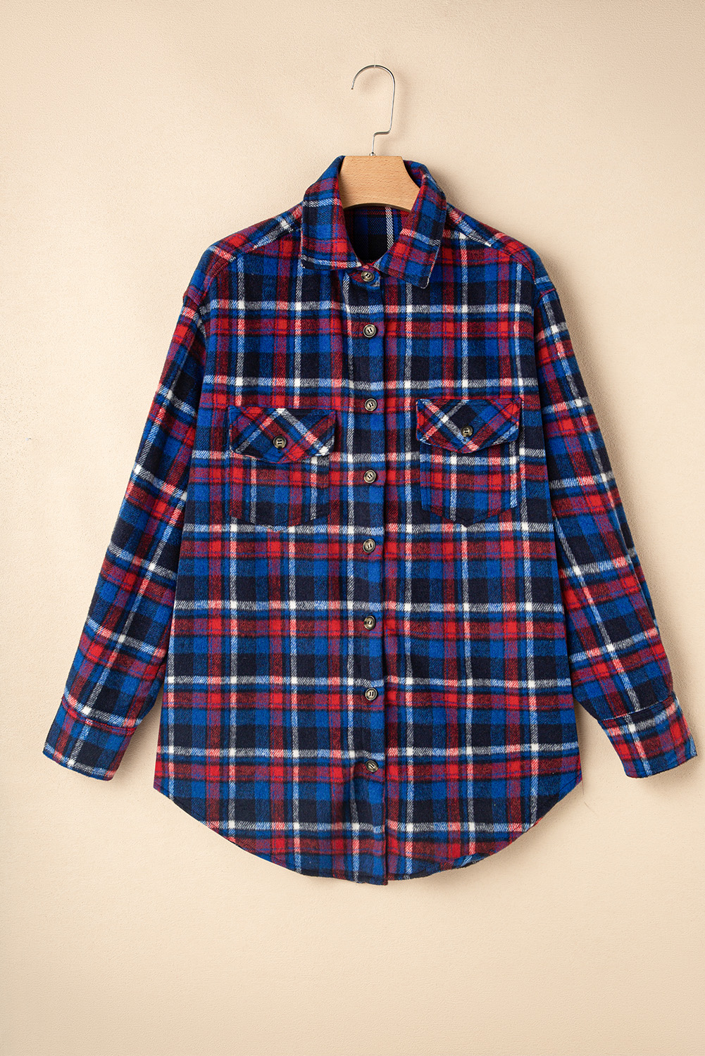 Navy Blue Plaid Flap Pocket Button Up Shacket - Image 3