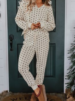 White Polka Dot Print Notched Neck Long Sleeve Top Drawstring Jogger Pants Waffle Knit Lounge Set