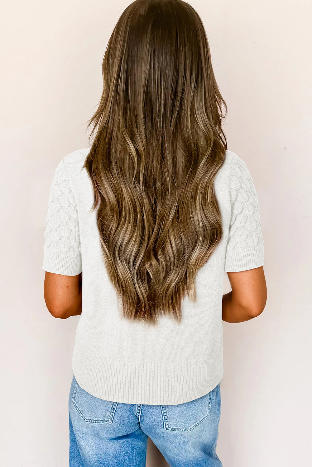 White Fish Scale Textured Knit Ribbed High Neck Short Sleeve Sweater - Image 2