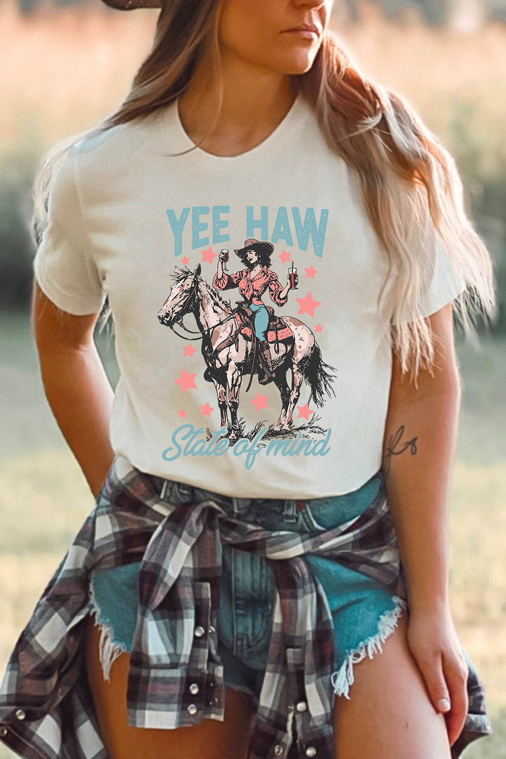 White YEE HAW State of mind Cowgirl Graphic Western Fashion Tee - Image 3