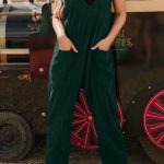 Evergreen Corduroy V Neck Patched Pocket Sleeveless Jumpsuit