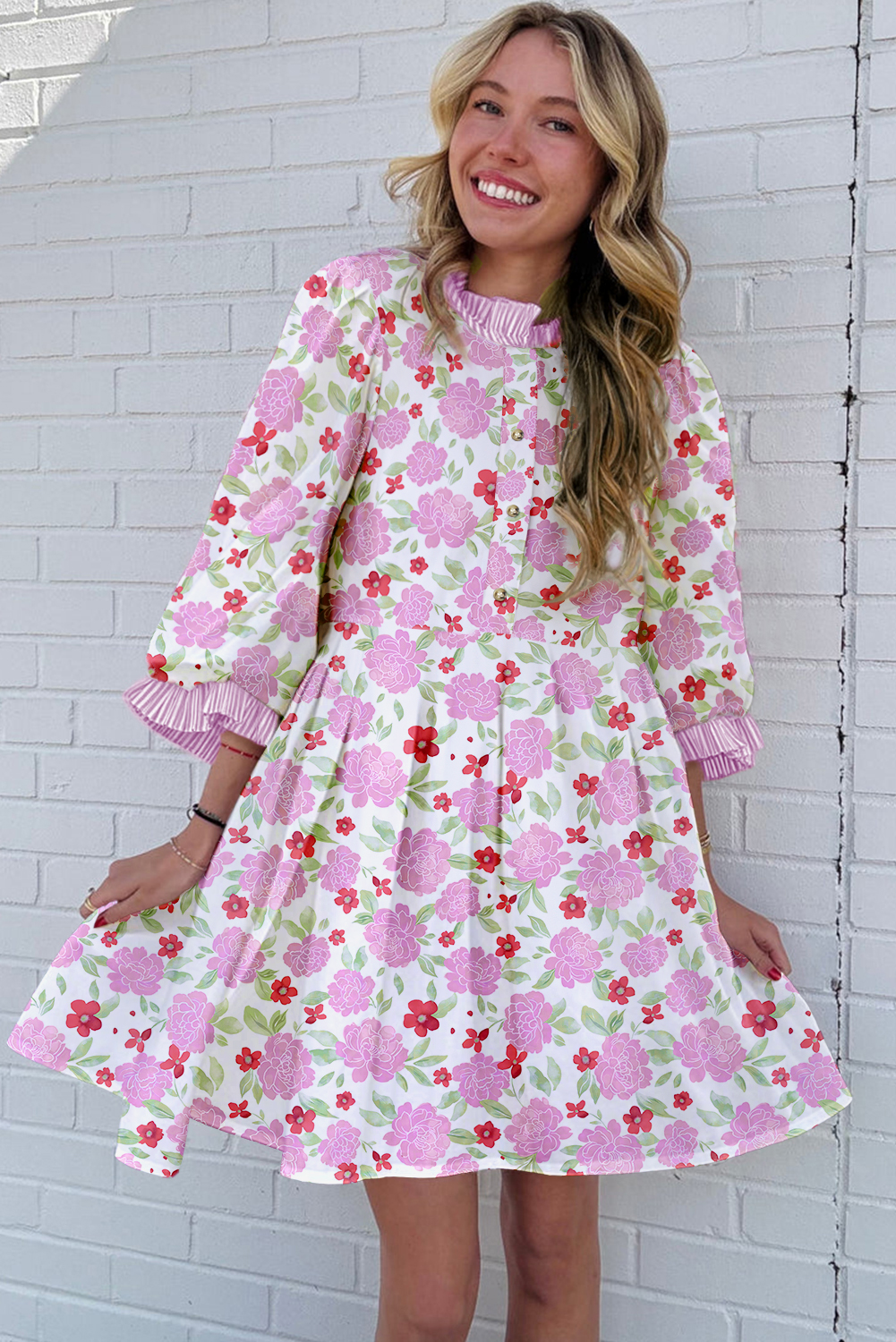 Pink Floral Print Striped Trim Frilled Neck 3/4 Sleeve Flared Mini Dress - Image 2