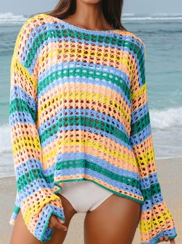 Beau Blue Multi Stripe Open Knit Sweater Beach Cover Up