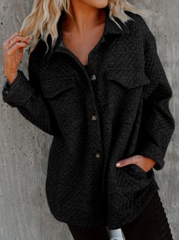 Black Retro Quilted Flap Pocket Button Shacket
