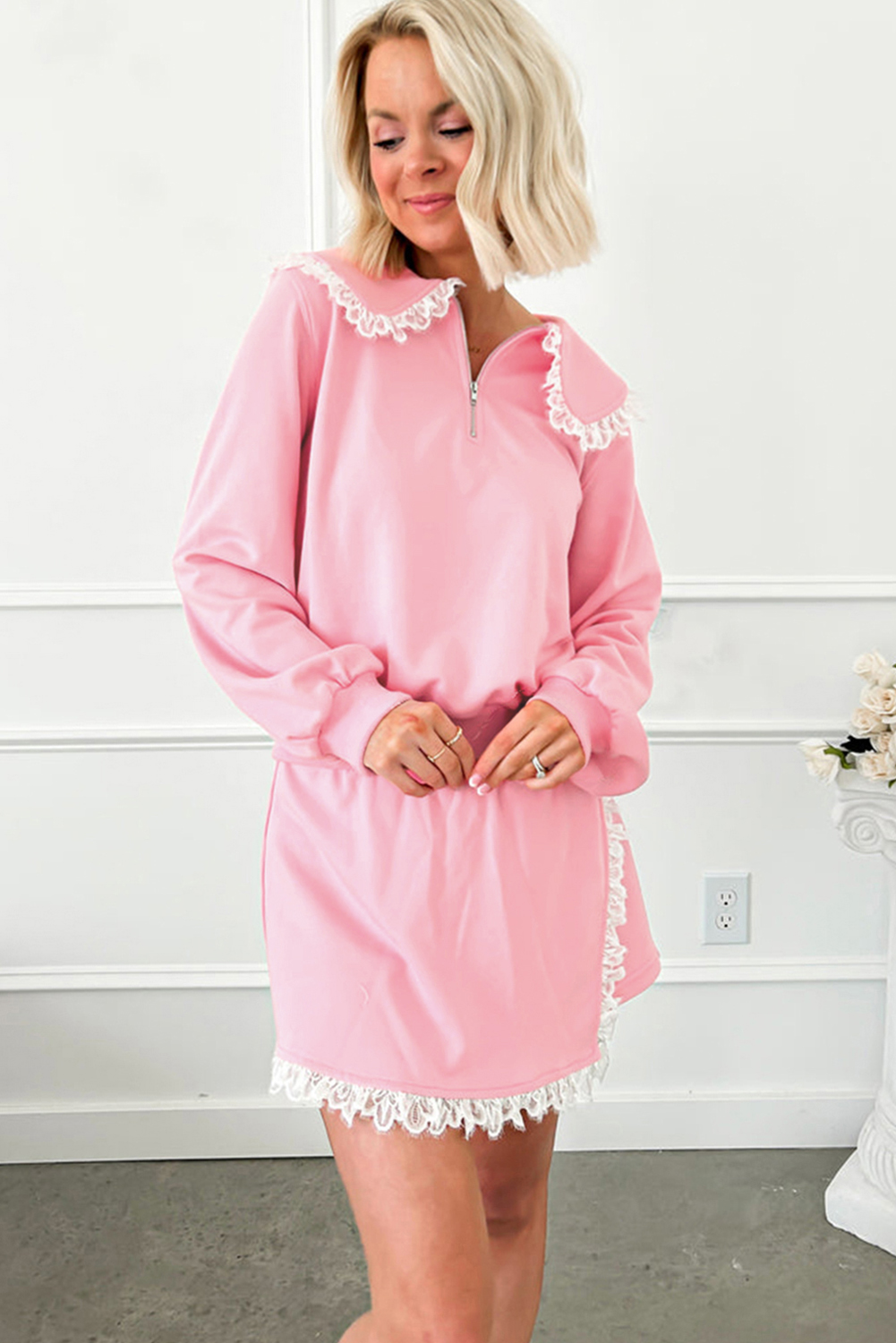 Pink Peter Pan Lace Embellished Neck Collision Sweatshirt and Skirt Two Piece Set - Image 4