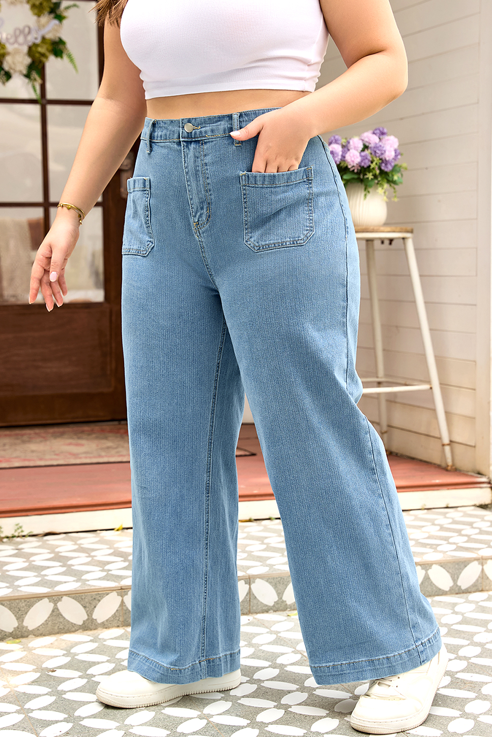 Dusk Blue Patched Pocket Textured Wide Leg Plus Size Jeans - Image 4