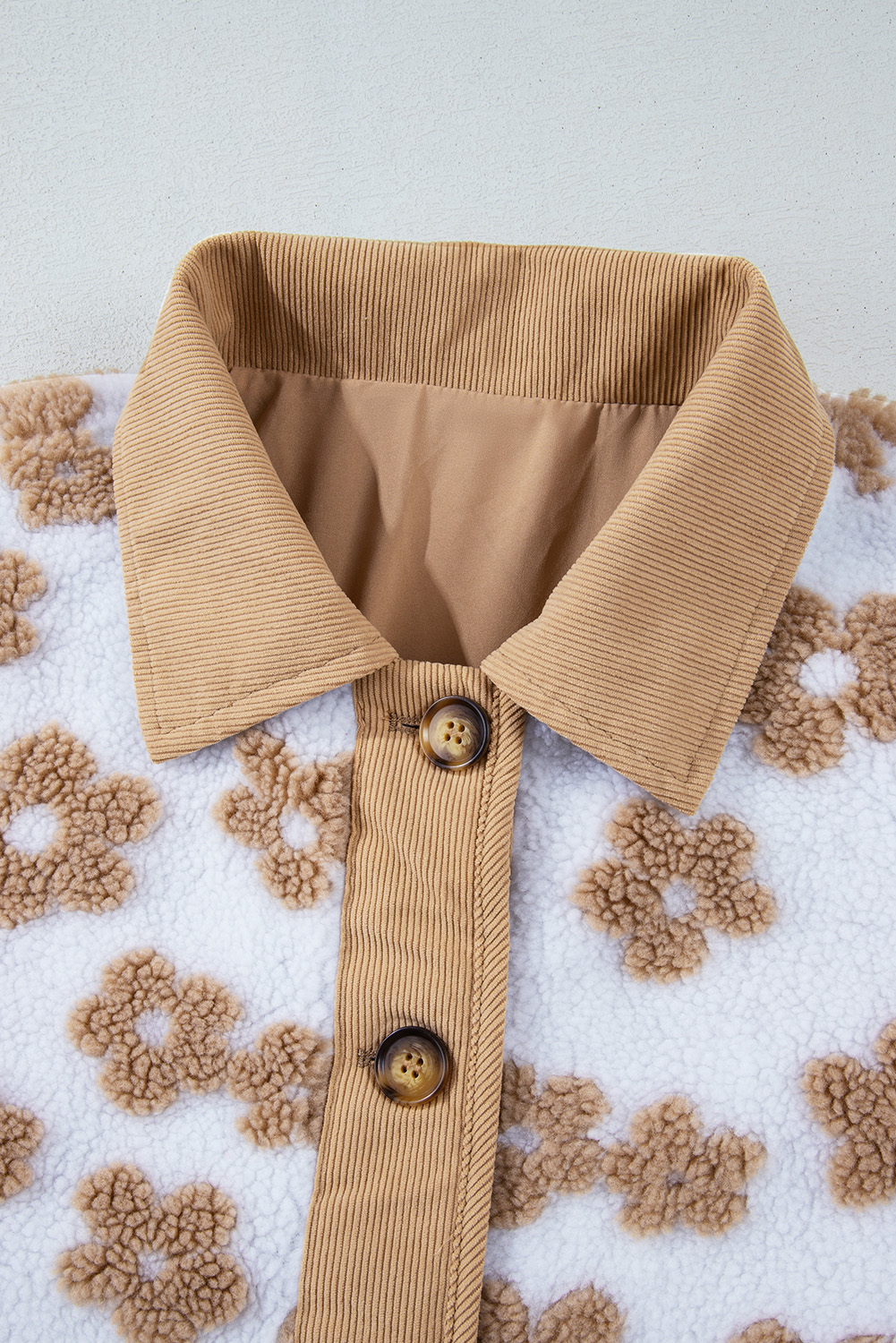 Light French Beige Cute Flower Pattern Button Up Fleece Jacket - Image 8