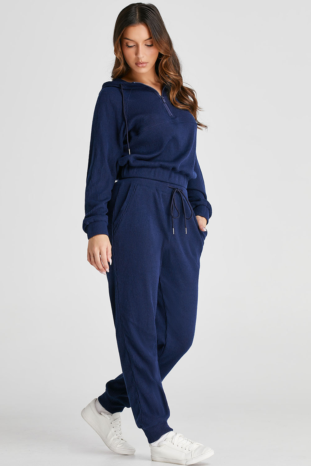 Navy Blue Ribbed Knit Cropped Hoodie and Drawstring Joggers Set - Image 3
