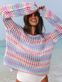 Purple Multi Stripe Open Knit Sweater Beach Cover Up