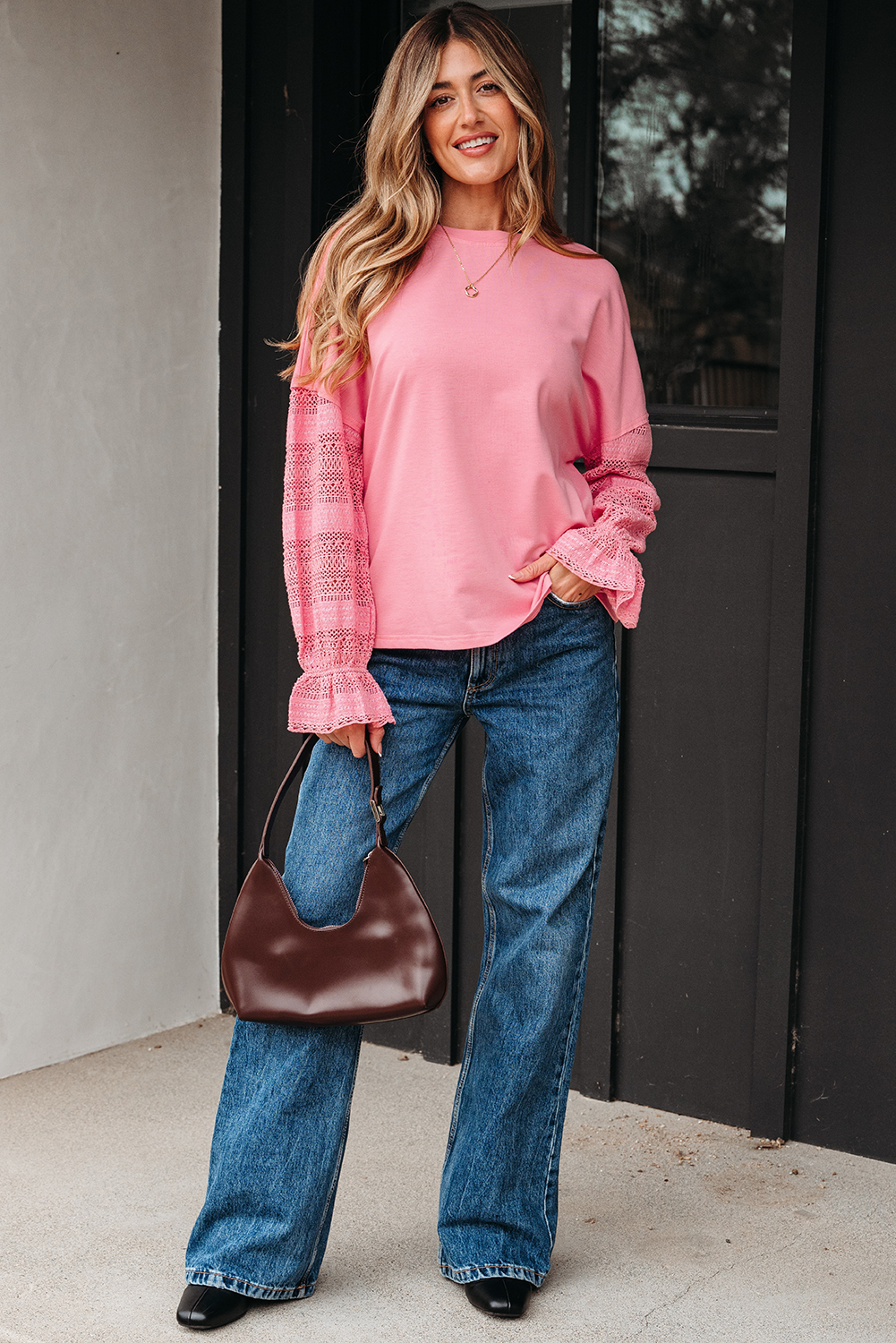 Sachet Pink Drop Shoulder Lace Ruffled Sleeve Patchwork Loose Sweatshirt - Image 6