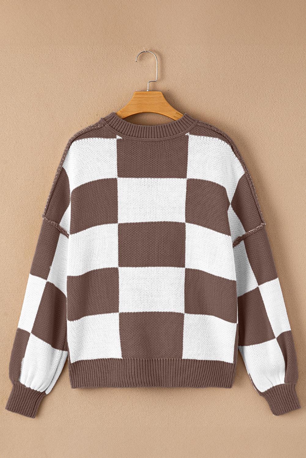 Dark Brown Checkered Bishop Sleeve Sweater - Image 6