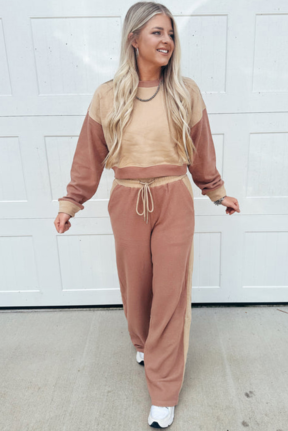 Khaki Color Block Long Sleeve Crop Top Drawstring Pant Set - Image 5