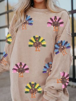 Apricot Turkey Graphic Corded Baggy Sweatshirt