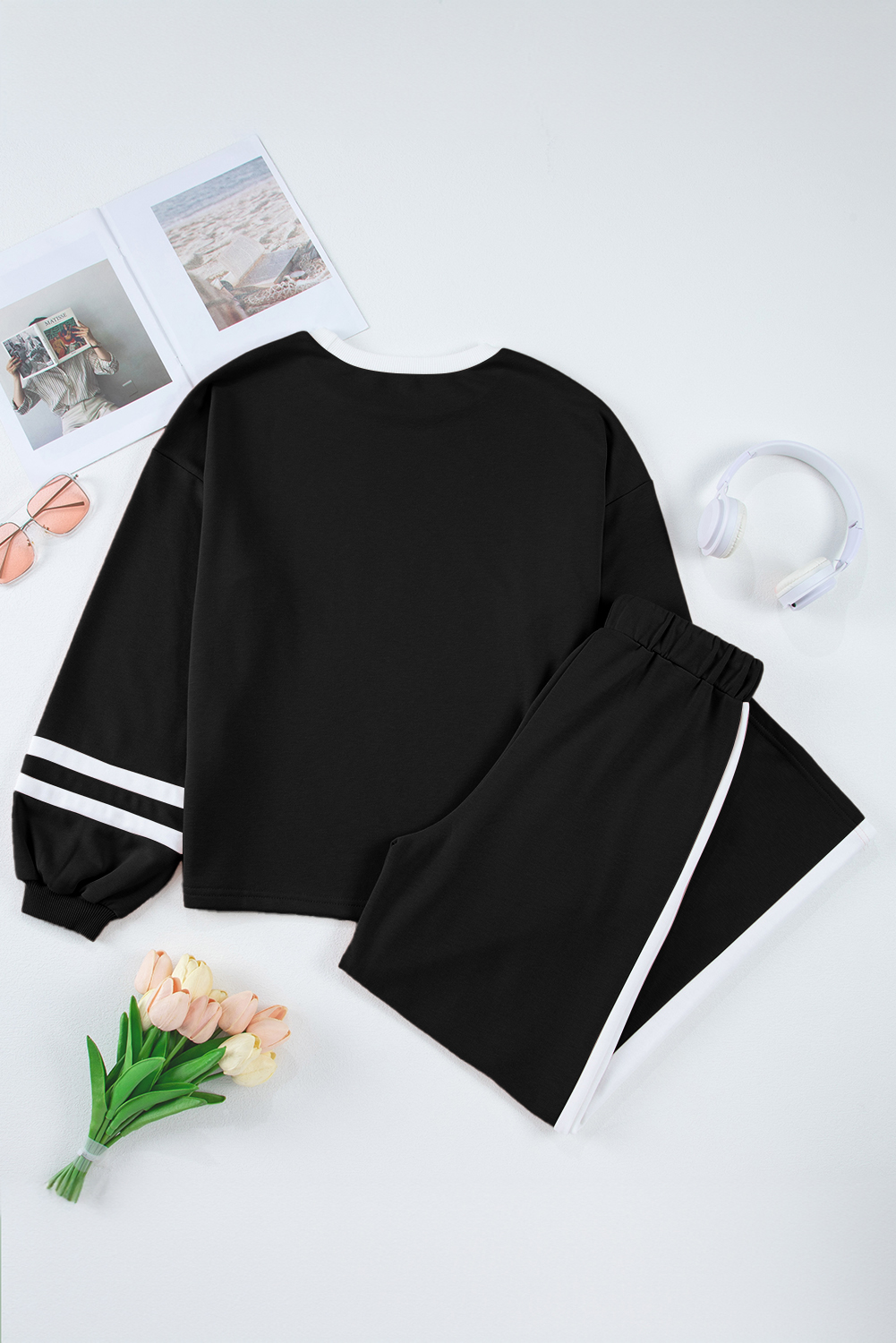 Black Varsity Stripe Patchwork Puff Sleeve Pullover Drawstring Wide Leg Pant Set - Image 8