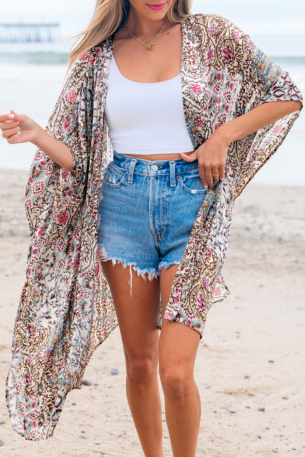 Apricot Floral Print Short Wide Sleeve Open Front Loose Kimono - Image 7
