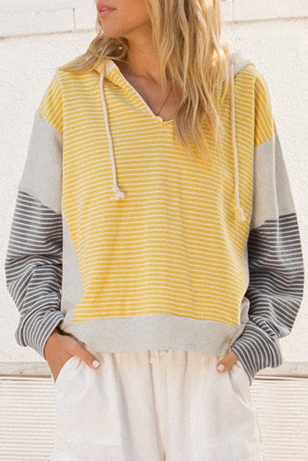 Yellow Stripe Color Block Drawstring V Neck Loose Fit Hooded Top - Image 8