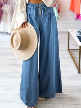Dusk Blue Mineral Wash Button Fly Waist Wide Leg Jeans