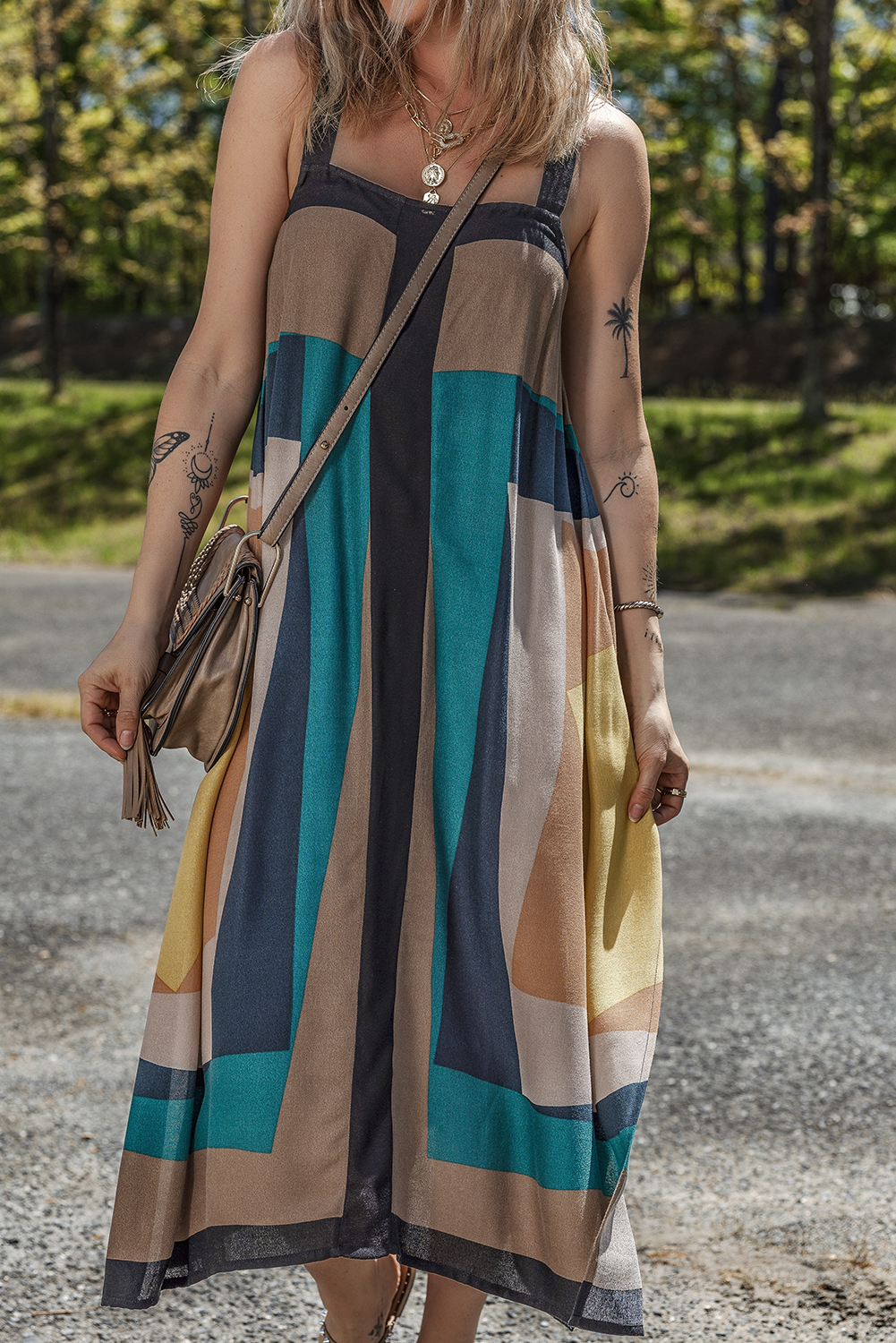 Brown Retro Geometric Printed Y Back Sleeveless Dress - Image 4