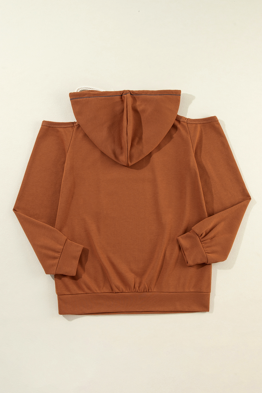 Cinnamon Exposed Seam Cold Shoulder Drawstring Hoodie - Image 8