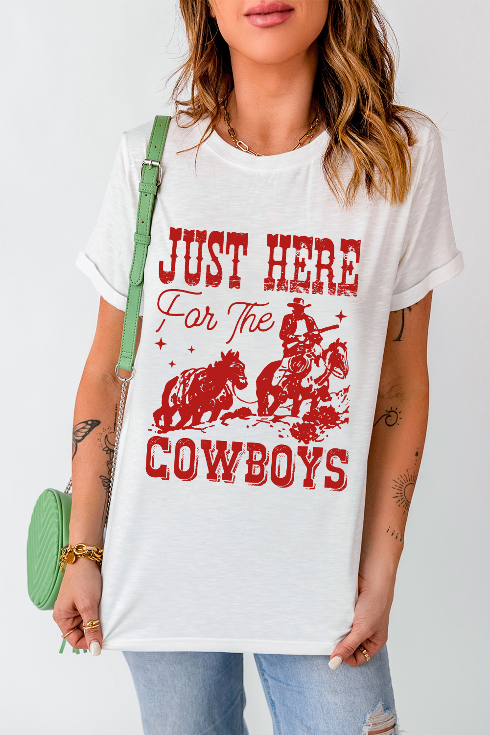 White JUST HERE For THE COWBOY Cuffed Sleeve Crew Neck T Shirt - Image 4