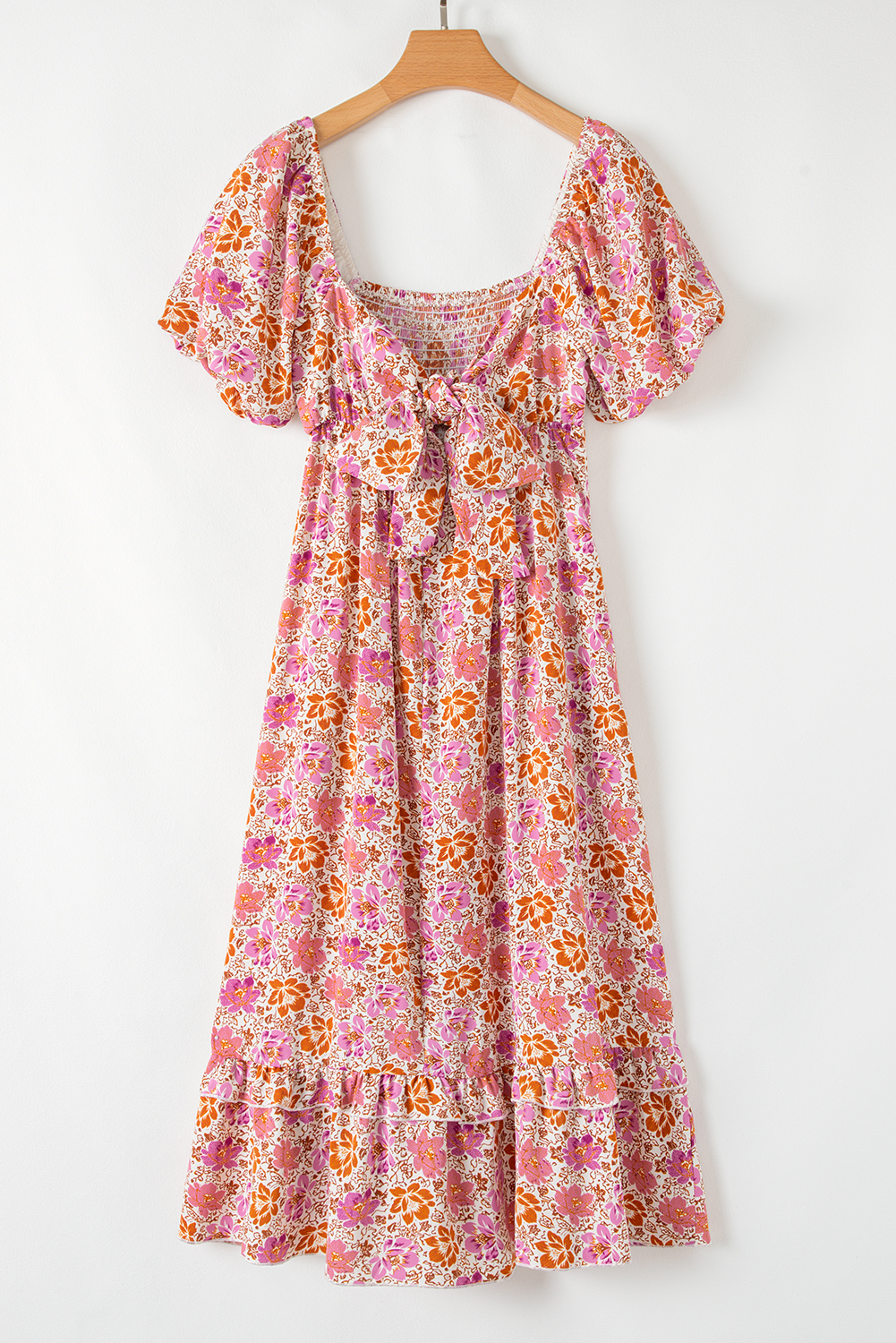 Pink Floral Square Neck Knotted Ruffle Midi Dress - Image 8