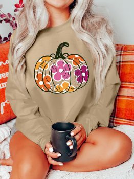 Khaki Halloween Floral Pumpkin Graphic Drop Shoulder Sweatshirt