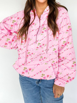 Pink Floral Print Half Zip Kangaroo Pouch Drawstring Hoodie