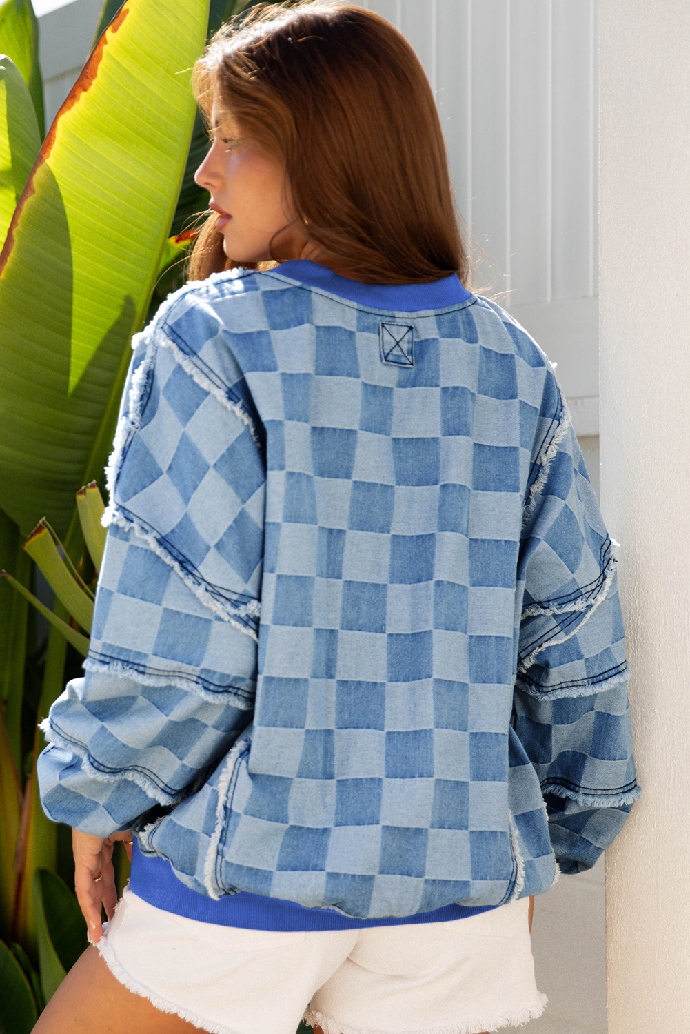 Sky Blue Checkerboard Splicing Raw Detail Oversized Denim Pullover - Image 2