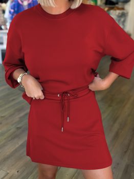 Racing Red Solid Color Drop Shoulder Pullover Drawstring Mini Skirt 2pcs Outfit