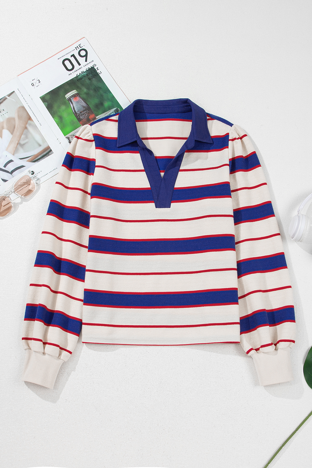 Blue Stripe Color Block Polo Pullover Sweatshirt - Image 3