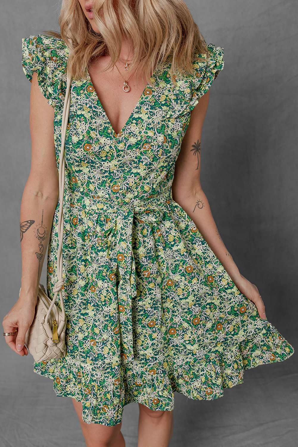 Green Flower Print Flutter Sleeve V Neck Sashed Ruffled Mini Dress - Image 3